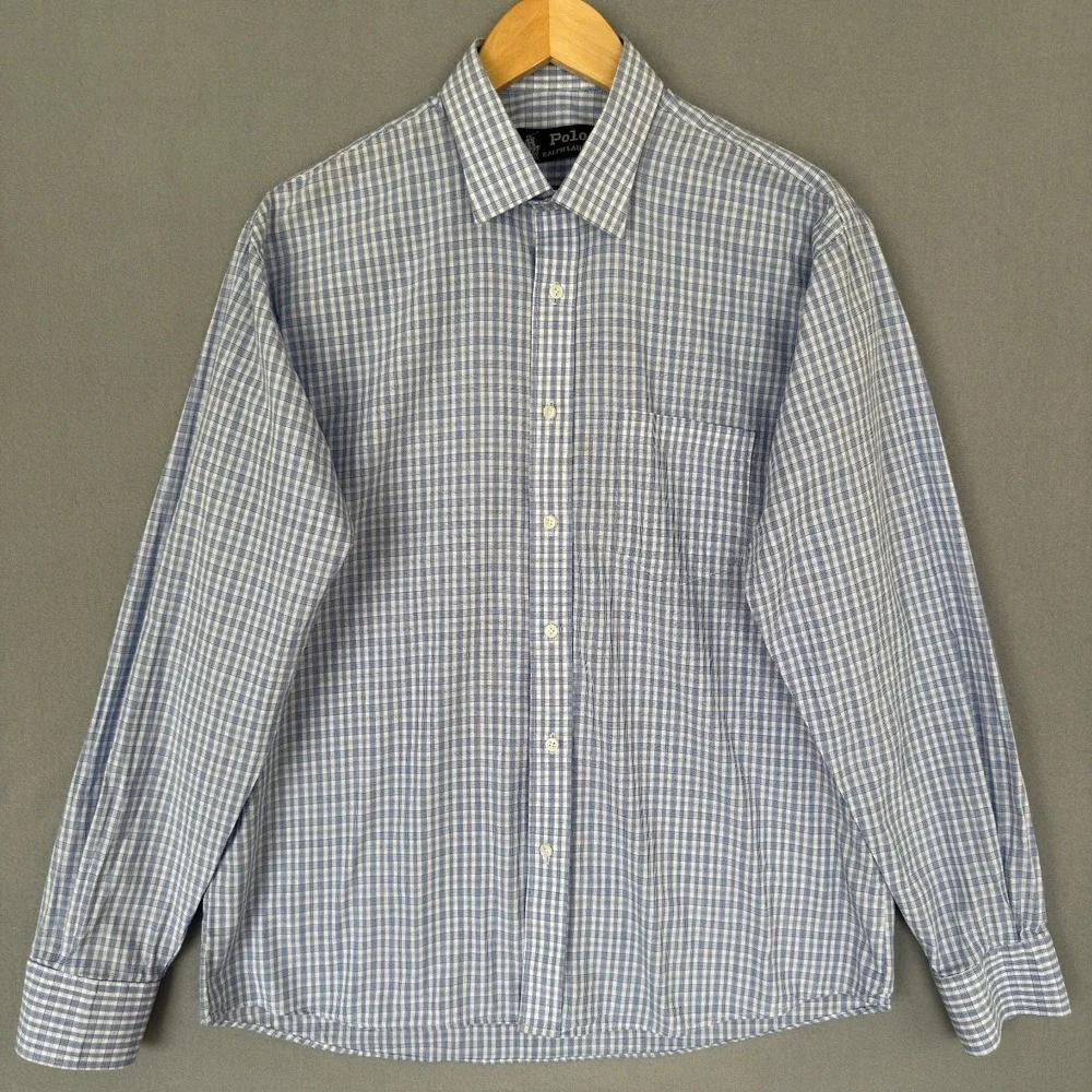 Polo Ralph Lauren Oxford Dress Shirt Men's Size 16‎ Blue Check Plaid Classic Fit